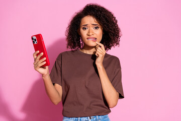 Photo of sad upset adorable pretty girl wear brown stylish clothes modern device error failure...