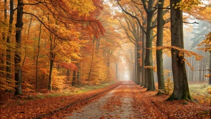 Autumn forest scene with narrow path and vibrant foliage