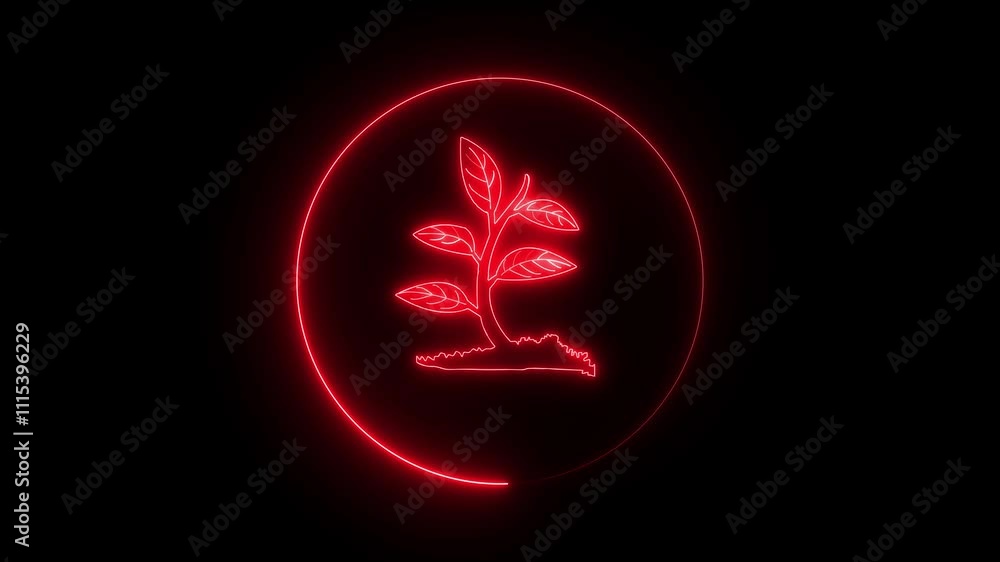 Poster glowing tree neon line icon animation with small tree. protection of the environment. growth of new 