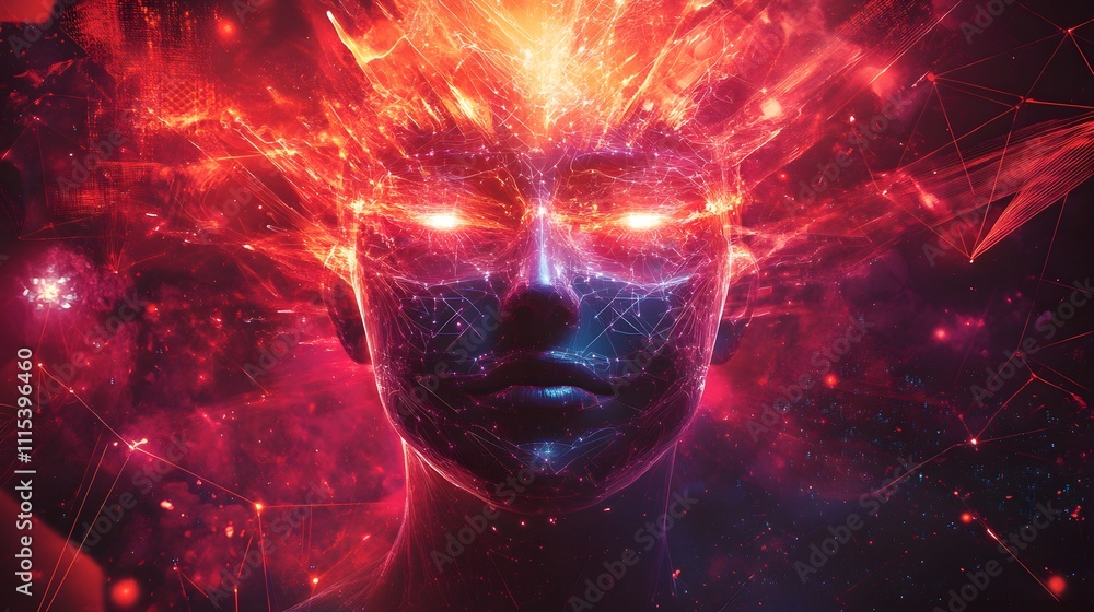Poster futuristic human face with glowing circuits in a high-tech laboratory environment symbolizing advanc