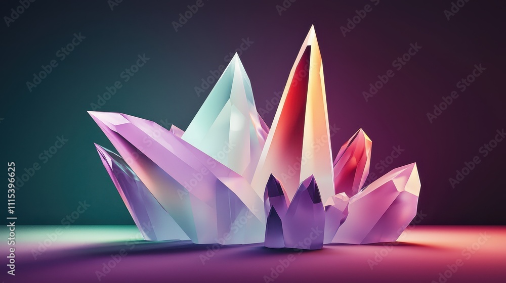 Poster floating crystalline shapes with sharp edges on a colorful background