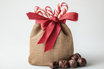 Holiday gift bag with candy canes and chocolate treats on a light background