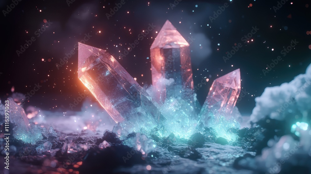 Poster floating crystalline shapes with sharp edges illuminated in a dreamy ethereal environment