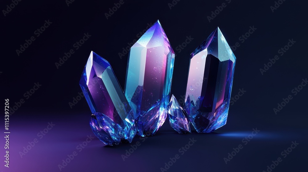 Aufkleber floating crystalline shapes with sharp edges reflecting light in a dark environment