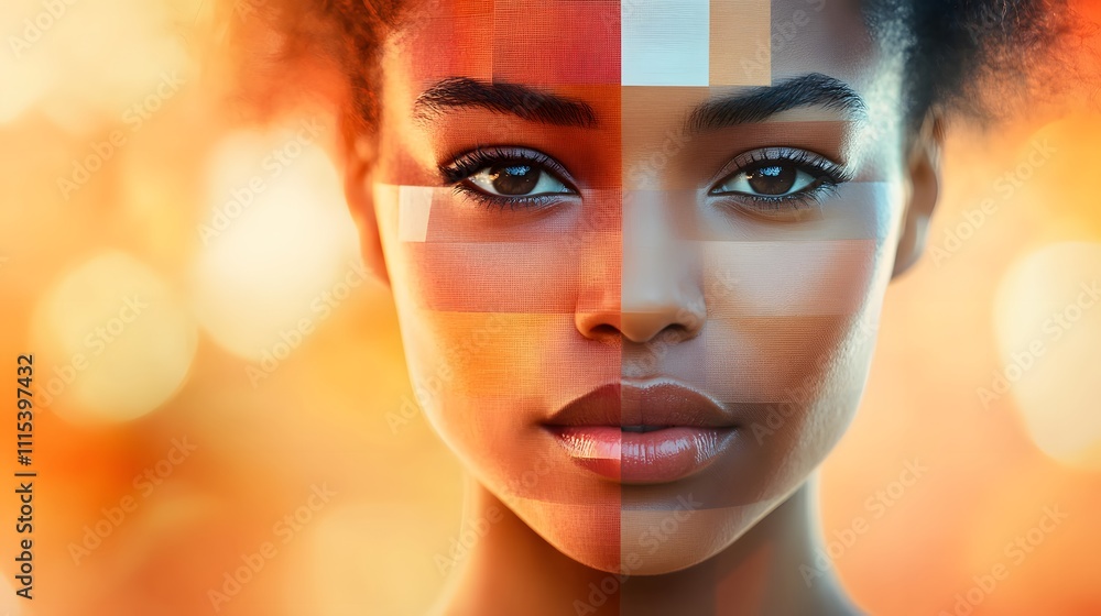 Poster surreal portrait of a woman with patchwork pattern and glowing orange tone creating a dynamic abstra