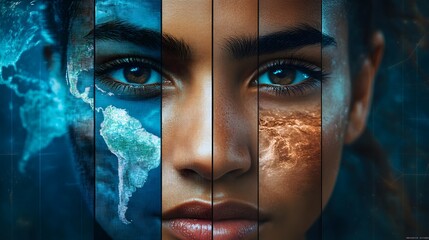 Artistic portrait of a woman with world map overlay segmented into panel showcasing blue and earthy tone