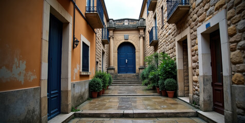 Old stone house with blue door and steps