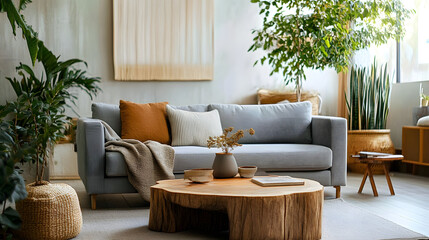 Fototapeta premium A bright living room with a grey sofa, rustic wooden coffee table, and cozy earthy tones, complemented by natural greenery and textured accents.