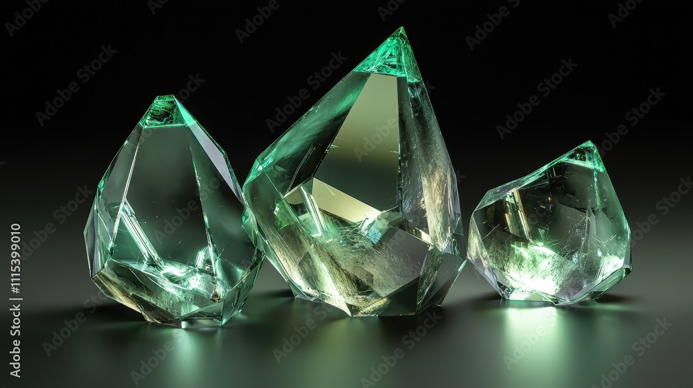Poster floating crystalline shapes with sharp edges illuminated in a dark background