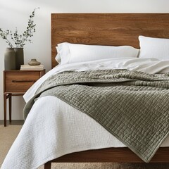 a solid wooden bed with white linen and olive green bedding