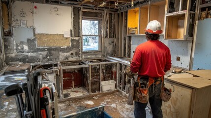 Fototapeta premium Kitchen Remodel Demolition Contractor Assessing Fire Damage Restoration