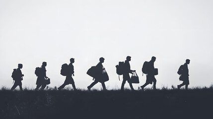 Silhouette of a group of travelers walking in line, symbolizing migration, journey, unity, and adventure on a simple monochrome background