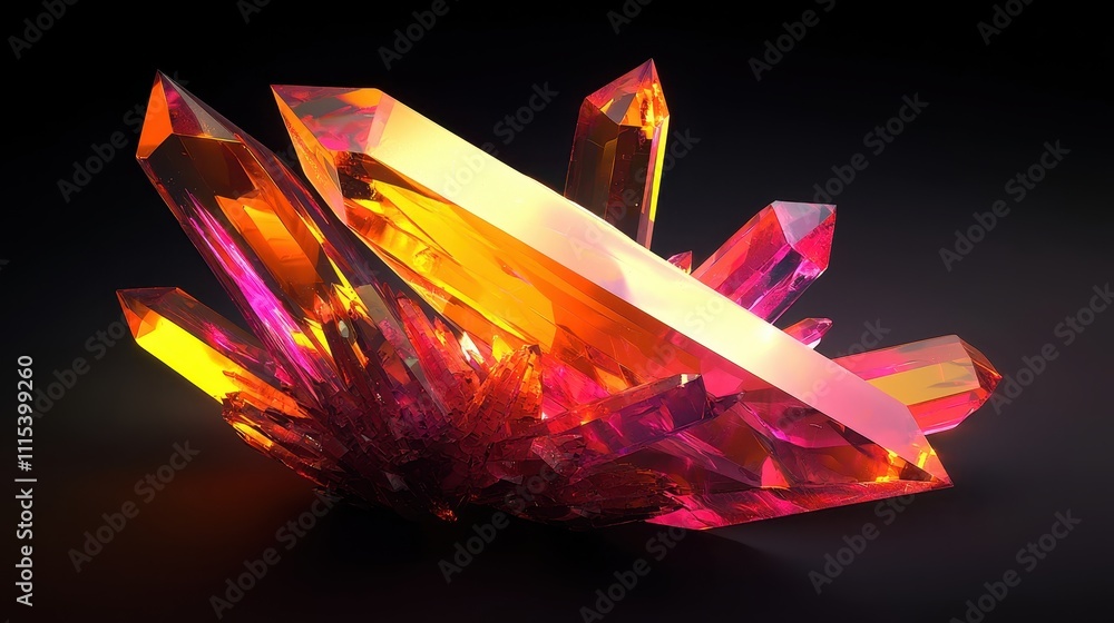 Poster floating crystalline shapes with sharp edges in vivid colors against a dark background