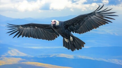 Obraz premium Majestic Andean condor in flight, wings spread wide against a vibrant blue sky and mountain backdrop.