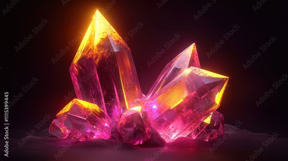 Poster floating crystalline shapes with sharp edges illuminated by vibrant light in dark background
