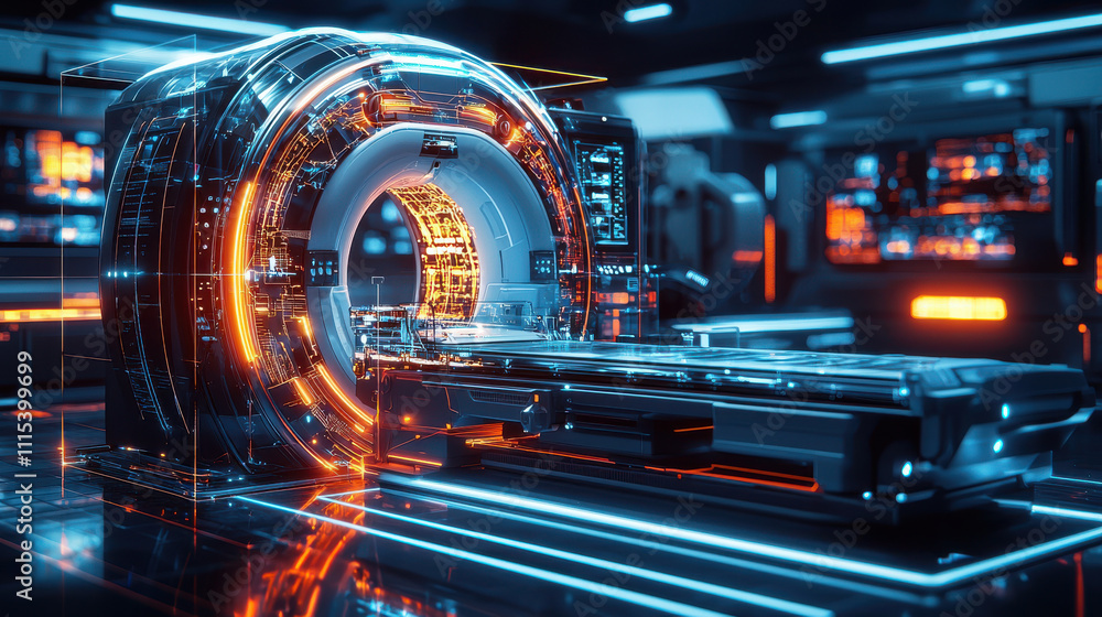 Aufkleber mri ct scan concept. futuristic mri and ct scan machine with glowing elements and advanced technolog