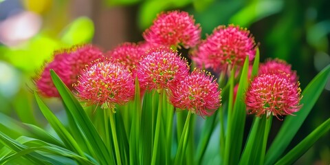 Obraz premium Scadoxus multiflorus is a vibrant bulbous plant known for its stunning and colorful flowers. Often referred to as the blood lily, the Scadoxus multiflorus also displays lush green leaves, enhancing