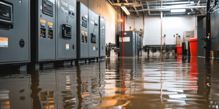 Electrical room experiencing flooding on the ground. This below grade electrical room is affected by water from a flood, pipe burst, or rain overflow. Immediate action is essential to prevent power