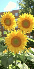 Fototapeta premium Three vibrant sunflowers basking in the sunlight, showcasing their bright yellow petals and green leaves.