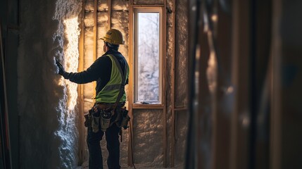 Fototapeta premium Construction Worker Installing Insulation in New Home Build