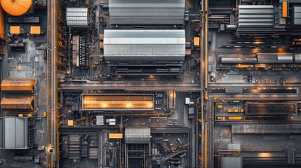 Aerial View of Industrial Complex with Machinery and Storage Areas