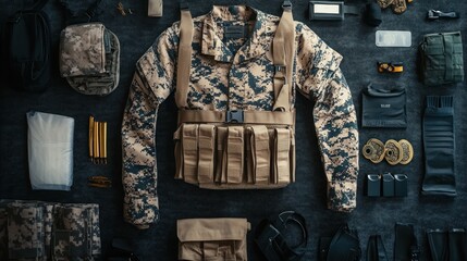 Flat lay of military camouflage uniform, tactical vest, and equipment.