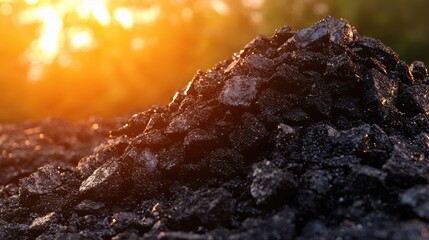 Fototapeta premium A close-up of a pile of dark soil illuminated by warm sunlight, showcasing texture and earthy tones.