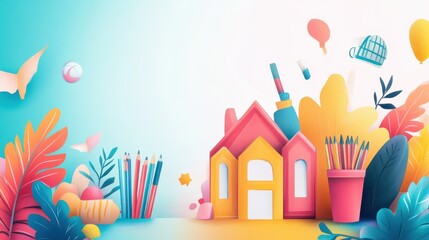 Obraz premium Colorful Creative Workspace with School and Art Supplies