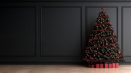 Fototapeta premium Clean Red and Black Xmas Ornament: Christmas tree with red and black garland and lights, glowing warmly, 3D illustration