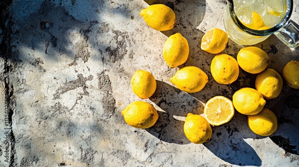 Poster sunlit lemons scattered near a pitcher of lemonade on a textured surface.