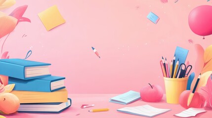 Fototapeta premium Colorful Back to School Supplies and Stationery on Pink Background