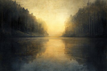 Fototapeta premium Serene Misty Landscape with Calm Water and Golden Sunrise Reflection