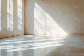 Obraz premium Sunlight Illuminates Empty Room With Beige Walls And Marble Floor