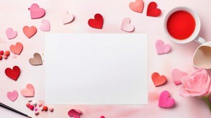 Romantic Flat Lay with Watercolor Supplies, Hearts, and Coffee Perfect for Artistic Creations and Crafting Projects Capturing Love and Creativity