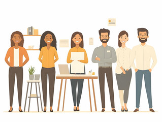 Obraz premium Flat Vector Multicultural Team Collaboration Presentation Bright Office Space