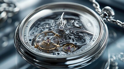 Intricate Close-up of a Silver Mechanical Watch with Visible Gears