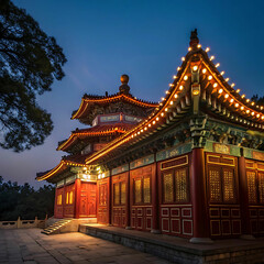 Obraz premium Majestic Temple Illuminated: Lights Against a Darkened Sky