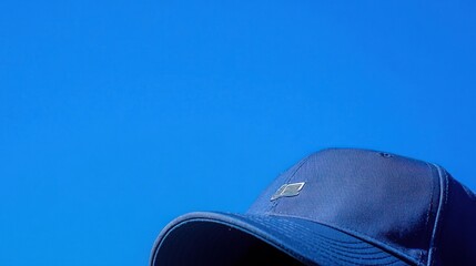 Close-up of a dark blue baseball cap against a vibrant blue background.