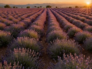 A field of lavender stretching endlessly under a soft orange sunset