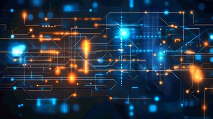 Obraz premium Abstract digital circuit design with glowing lines and nodes in blue and orange hues.