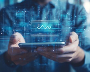 A male professional, focused on analyzing data trends on a smartphone, surrounded by digital graphs and statistics.