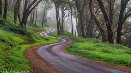 Obraz premium Winding road through a misty forest on a hillside.