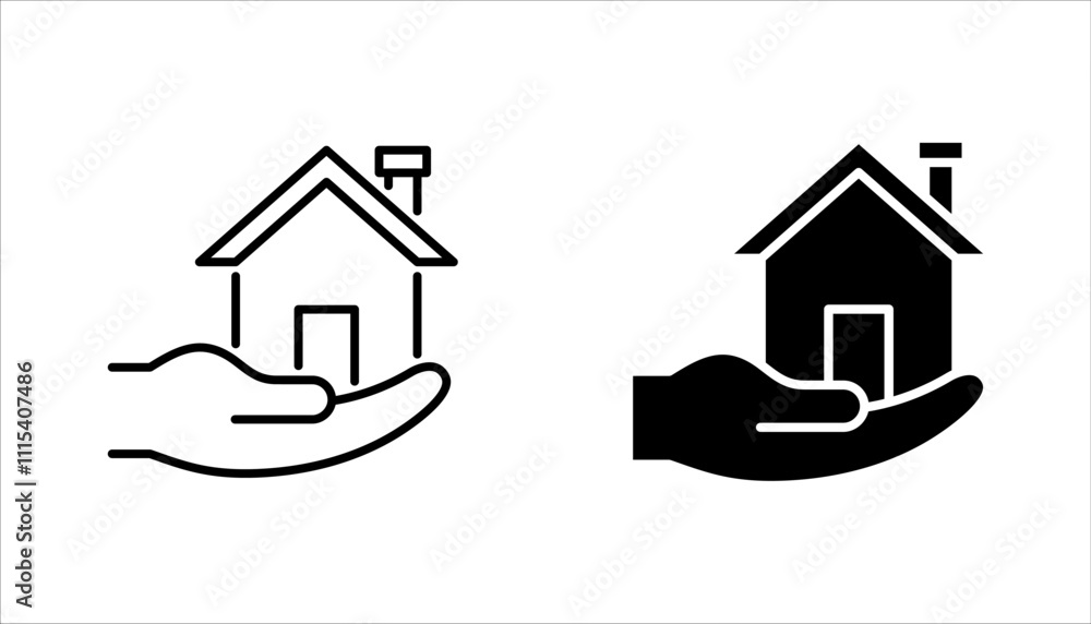 Poster building ownership linear icon set. real estate business. hand holds architectural structures. vecto