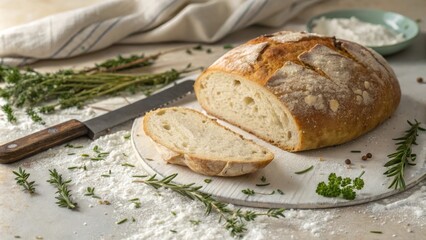 Rustic bread loaf with knife and herbs on a table setting
