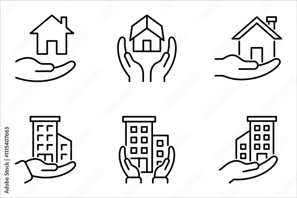 Poster building ownership linear icon set. real estate business. hand holds architectural structures. vecto