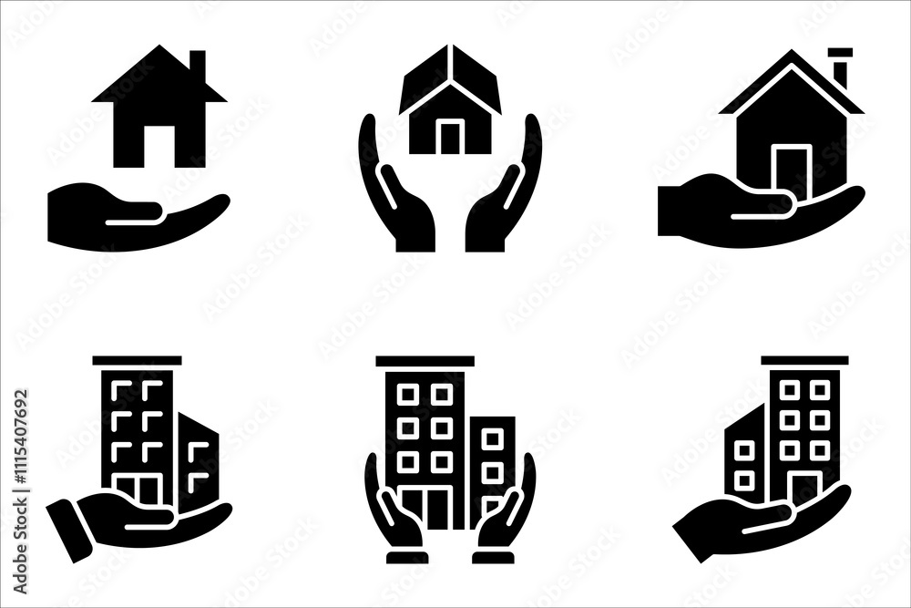 Poster building ownership linear icon set. real estate business. hand holds architectural structures. vecto
