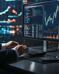 A businessman analyzing digital stock market data on a computer at night, showcasing financial trends and graphs.