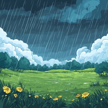 Cartoon Illustration of a Rainstorm in Nature
