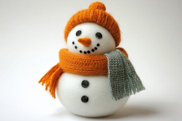 Snowman with knit hat and scarf in warm colors standing against a neutral background