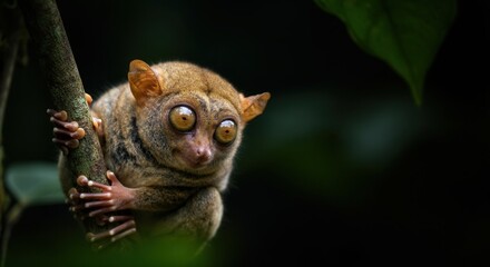 Obraz premium Small nocturnal tarsier on tree branch in tropical forest habitat